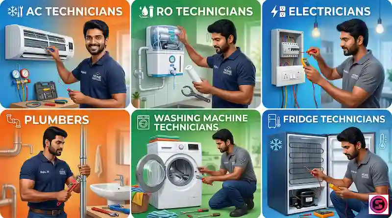 Technicians like AC, Fridge, RO, Electricians, Plumbers