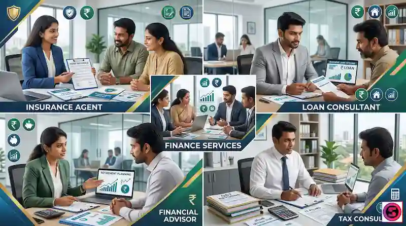 Finance services like insurance, loans, tax consultants