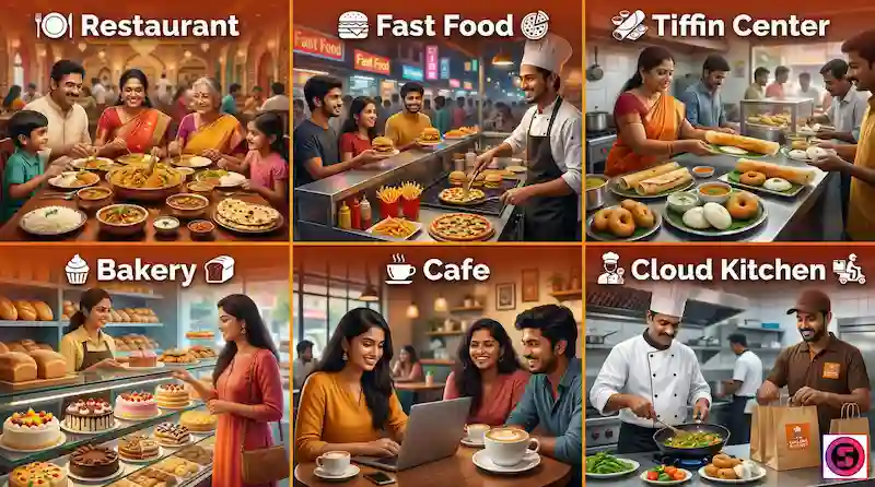 Restaurants, tiffin centers, cafes, bakeries, food businesses